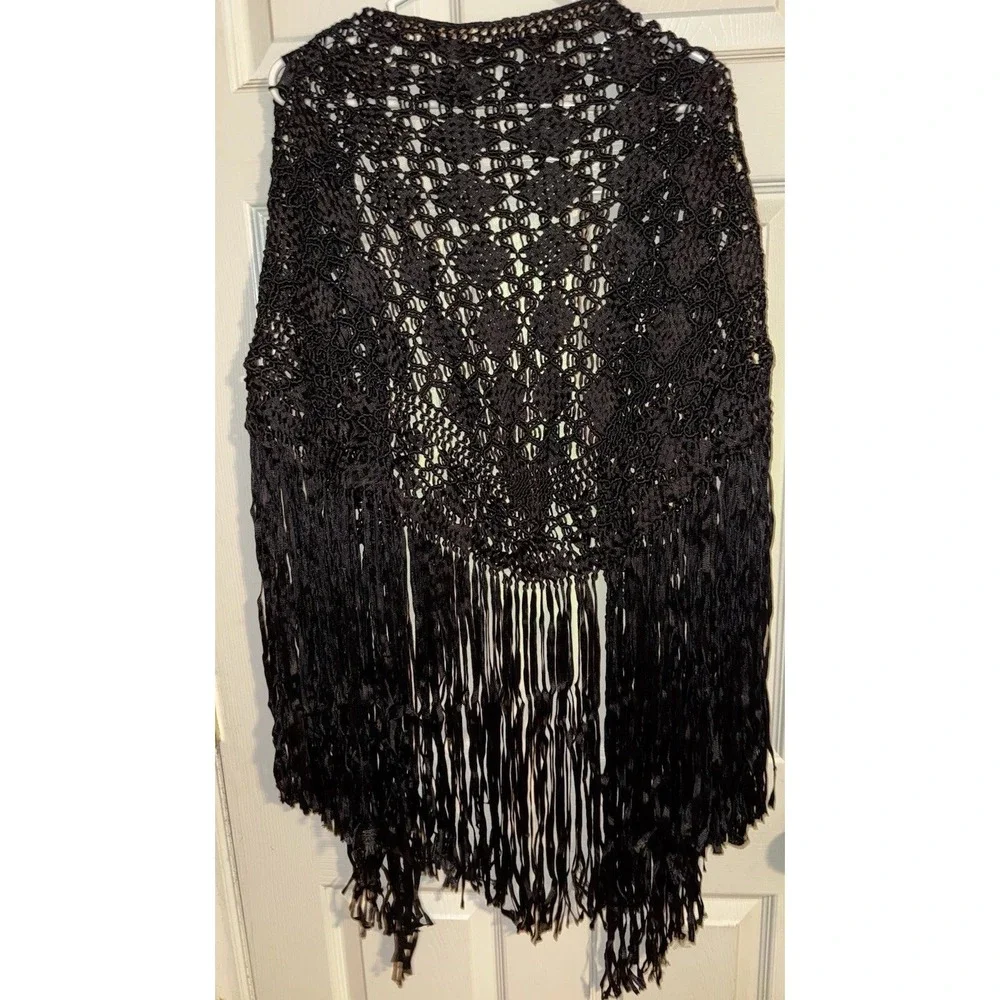 Black Macrame Crochet Basket weave Fringe Shawl , Wrap‎ ,20s , Flapper